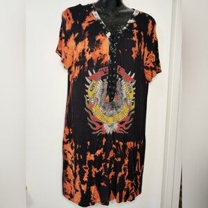 🌟 Better Be Black and Orange Tie-Dye Short Sleeves Women Tunic - Size M